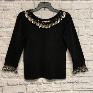 Joseph A. Shimmering Black Sweater with Gold and Silver Sequins Sz L